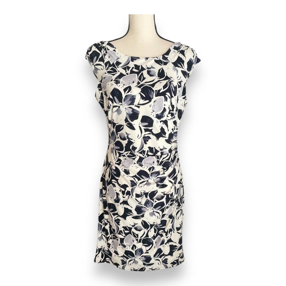 Lauren Ralph Lauren Navy‎ Cream Floral Ruched Sheath Dress 12P Petite Cap Sleeve